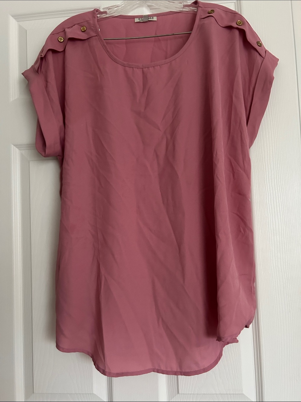 Dusty Rose Short Sleeve Blouse with Button Shoulder Tabs